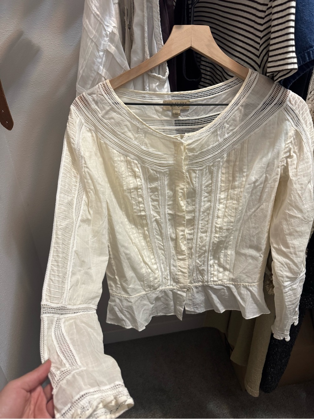 Women's Burberry Cream Lace-Trim Peasant Blouse